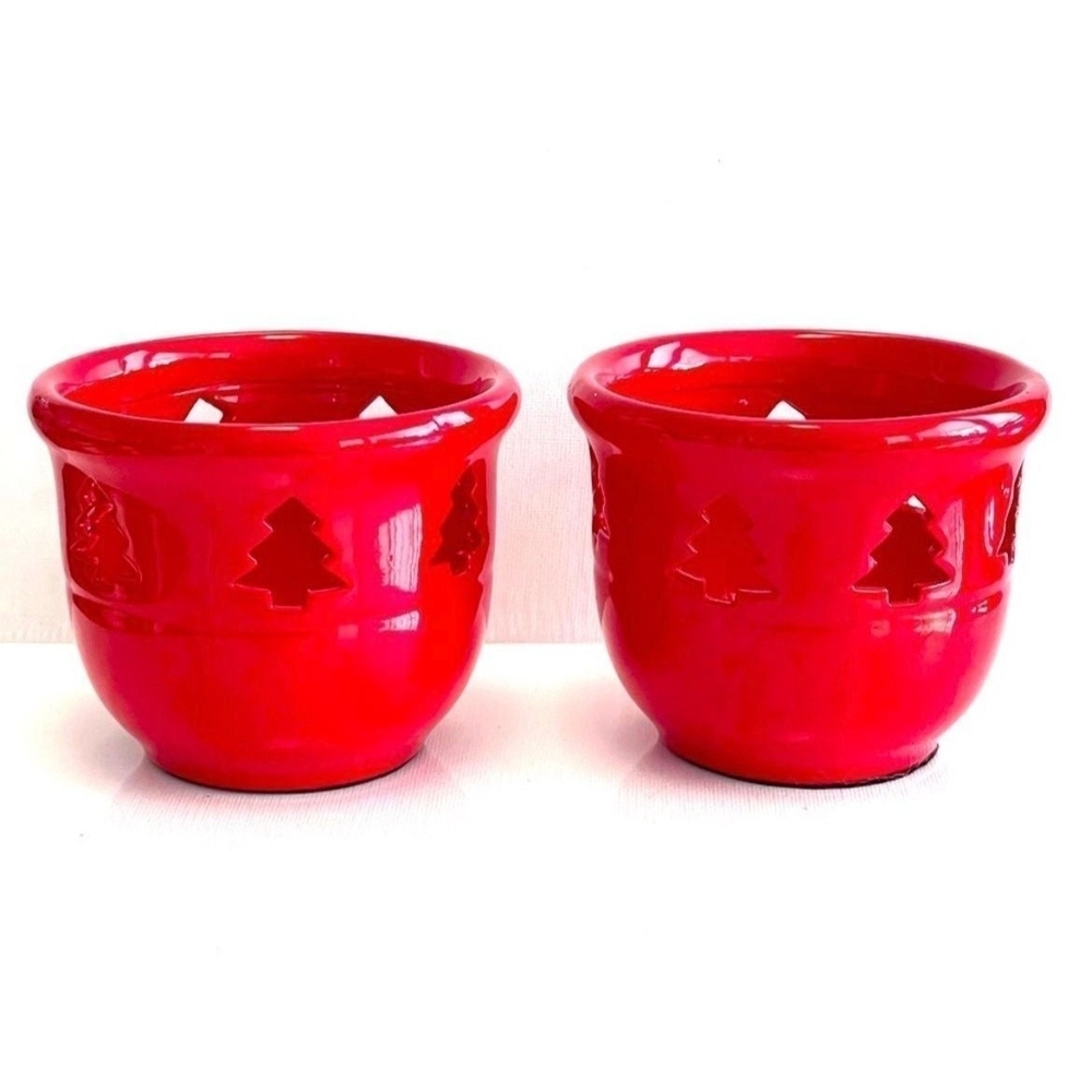 Pair of Ceramic New Year Tree Candle Holders Christmas Holiday Decor